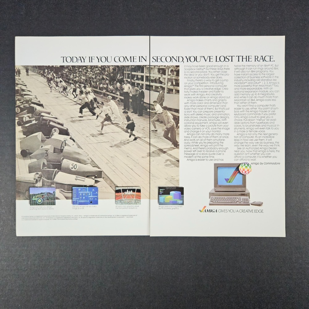 1985 Commodore Amiga Personal Home Computer Vintage Print Ad Soapbox Derby Cars